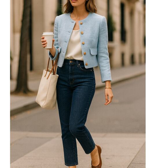 J.Crew Factory Tweed Lady Jacket Light Blue Gold Buttons NWT Size 16 - Picture 1 of 16